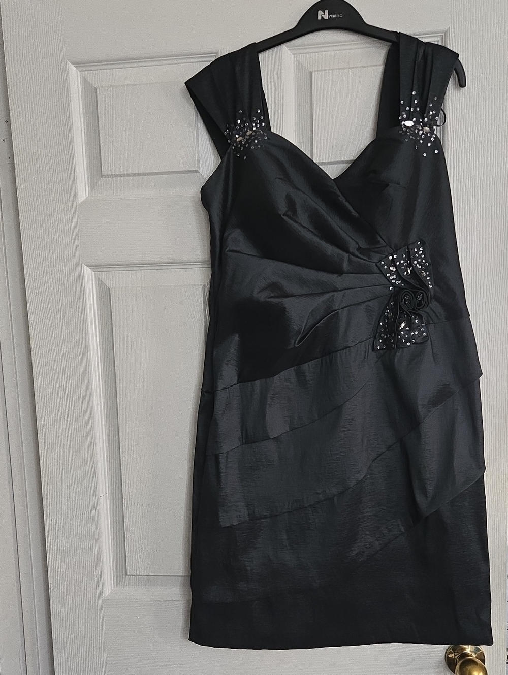 Black Satin Midi Dress with Embellished Detail